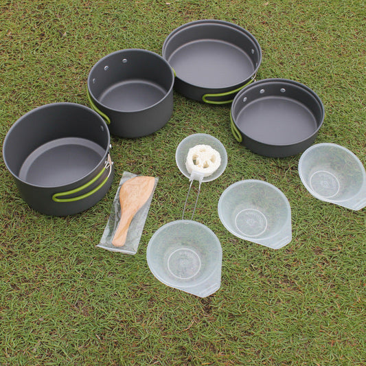 Portable non-stick camping cookware set with cooking pan, pot and bowls for 2–3 people