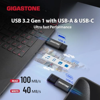 Gigastone 128GB dual USB flash drive 2-pack with USB-C and USB-A, head cap design, high-speed data transfer for smartphones and PCs.
