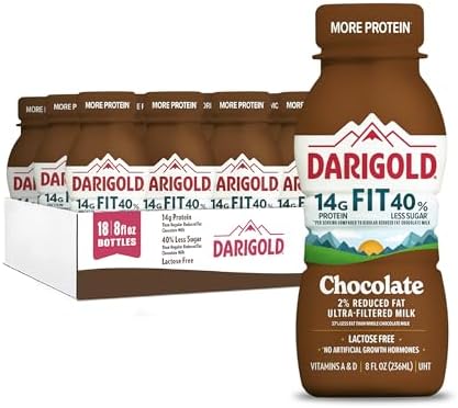 Darigold Fit lactose-free chocolate milk in 8oz bottles, low fat, 14g protein, and 40% less sugar, 18-pack.