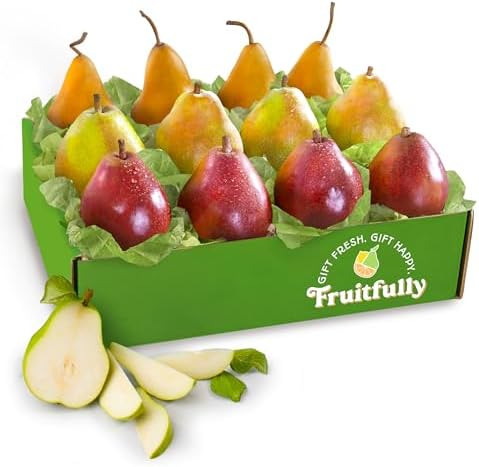 A Gift Inside fruit gift basket with fresh Comice, Bosc, and Crimson Red pears in a decorative box for gifting occasions.