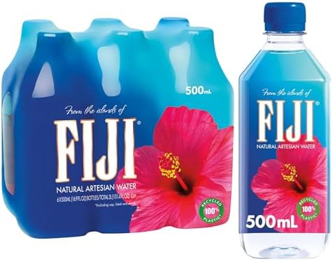 BackUpMyFilesNow FIJI natural artesian bottled water 500mL bottles in a pack of six, clear water in transparent bottles.