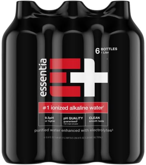 Six bottles of Essentia Water ionized alkaline water, 33.8 fl oz each, with clear labels and caps in a 6-pack.