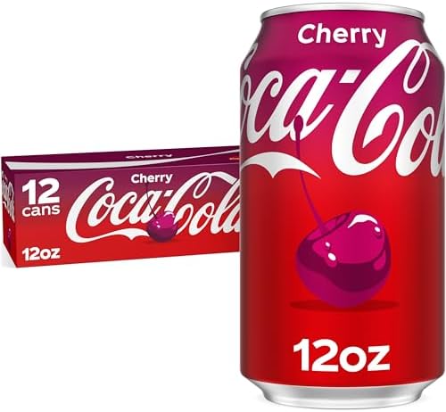 Coca-Cola Cherry soda cans, 12-pack, 12 fl oz each, featuring red cans with cherry and Coca-Cola branding.