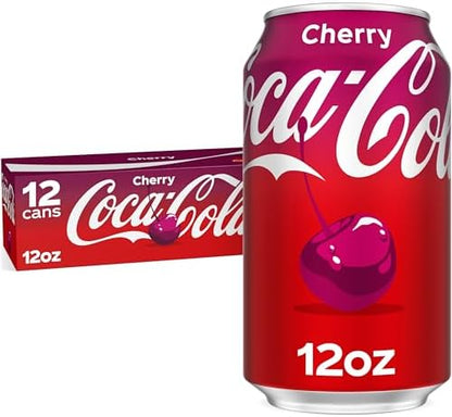 Coca-Cola Cherry soda cans, 12-pack, 12 fl oz each, featuring red cans with cherry and Coca-Cola branding.
