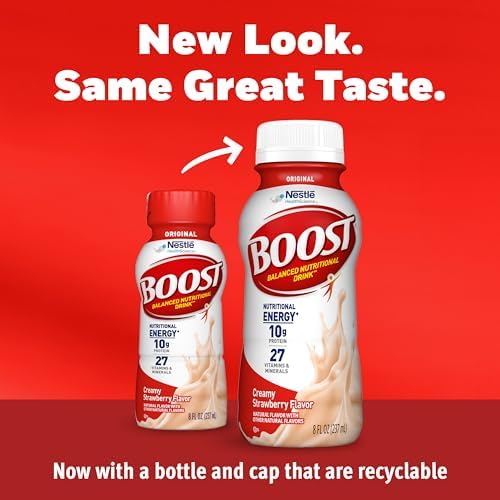 Boost Original Strawberry Nutritional Shake, ready-to-drink meal replacement drink, 24-pack, convenient and nutritious beverage.