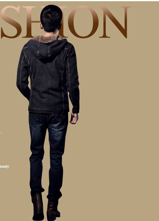 Warm denim jacket with a classic blue design and cozy lining for cold weather layered wear