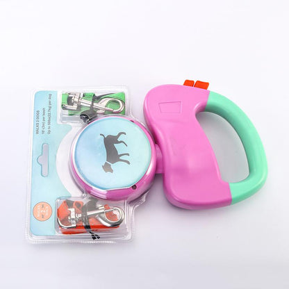 Retractable dual pet dog walking leash with two leads and ergonomic handle