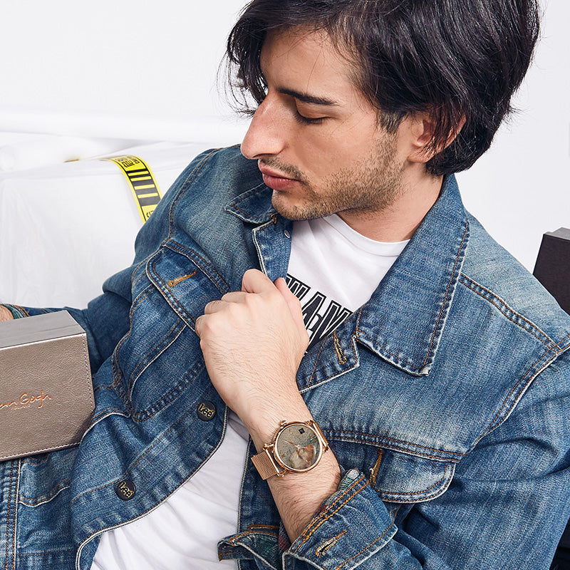 Van Gogh self-portrait 3D oil painting men's quartz watch with steel strap and textured surface