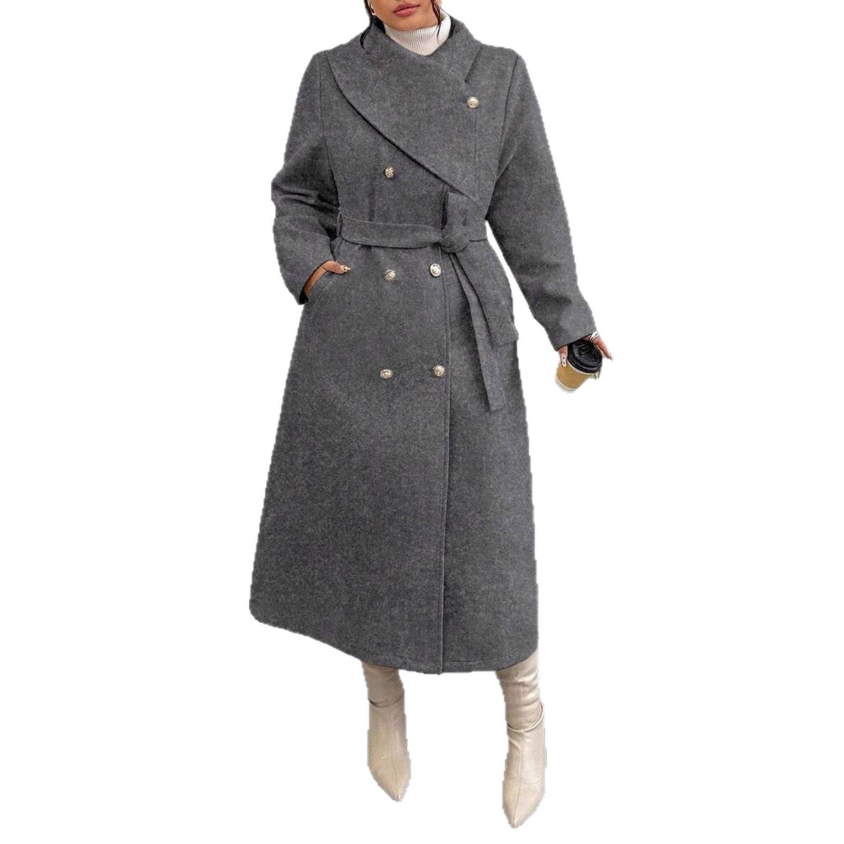 Women's double-breasted wool coat with asymmetrical collar in winter style