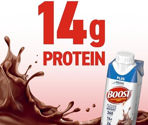 Boost Plus Rich Chocolate protein drink in a 24-pack, ready-to-drink nutritional beverage with creamy chocolate flavor.