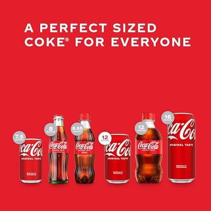 Coca-Cola soda soft drink fridge pack with 12 cans, 12 fl oz each, stacked in a cardboard box, featuring red Coca-Cola branding.