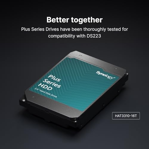 Synology DS223 2-bay diskless NAS for home and office backup, file centralization, data protection, and monitoring.