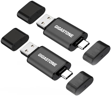 Gigastone 128GB dual USB flash drive 2-pack with USB C and USB A, head cap design, portable thumb drive for smartphones, PCs, and TVs.