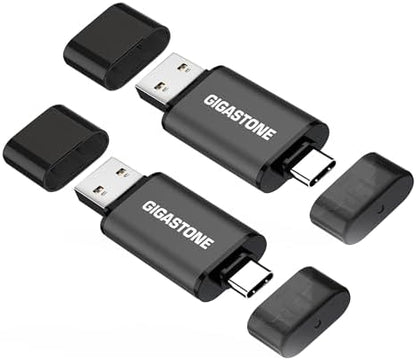 Gigastone 128GB dual USB flash drive 2-pack with USB C and USB A, head cap design, portable thumb drive for smartphones, PCs, and TVs.