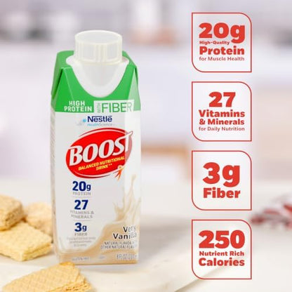 BOOST High Protein with Fiber Vanilla nutritional shake 24-pack, showing bottles with vanilla flavor and nutritional labeling.