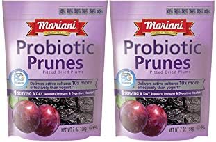 Mariani Premium probiotic dried prunes with BC30 cultures, 7 oz bags, showcasing the dried prunes in a clear bowl, healthy fruit snack