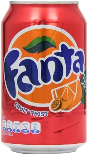 Six 330ml cans of Fanta Fruit Twist orange soda, showing colorful cans with Fanta branding and vibrant fruit illustrations.