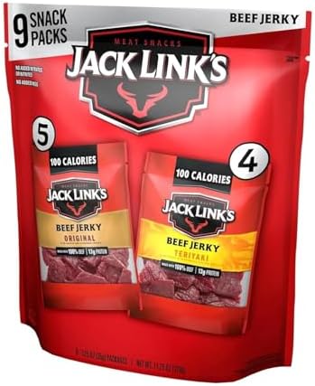 Jack Link's Beef Jerky Variety Pack featuring Original and Teriyaki flavors, 1.25 oz packs in a 9-pack assortment.