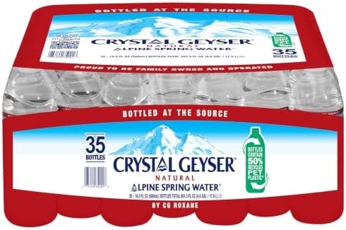 Crystal Geyser bottled spring water 16.9 fl oz, pack of 35, clear water in transparent plastic bottles.