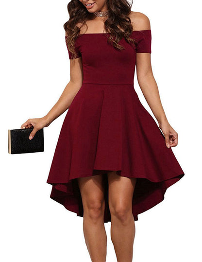 One-shoulder short-sleeve dress with a large swallowtail skirt in a flowing silhouette