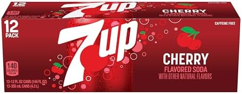 12-pack of Dr Pepper 7UP Cherry flavored soda cans, 12 fl oz each, featuring red cherry branding and soda cans stacked together.
