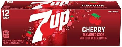 12-pack of Dr Pepper 7UP Cherry flavored soda cans, 12 fl oz each, featuring red cherry branding and soda cans stacked together.