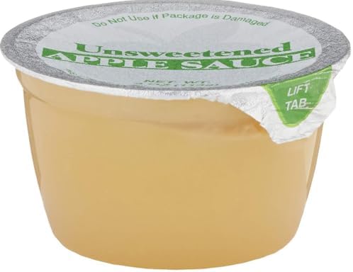 Six Amazon Grocery unsweetened apple sauce cups, 4 oz each, showing clear packaging and apple sauce inside.