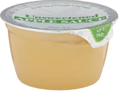 Six Amazon Grocery unsweetened apple sauce cups, 4 oz each, showing clear packaging and apple sauce inside.