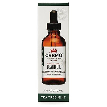 Cremo Tea Tree Mint Beard Oil by Pasteur Pharmacy, 1 oz bottle, showing the sleek packaging and dropper for moisturizing and softening beard.