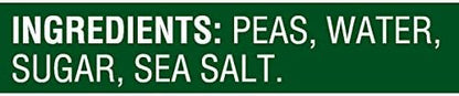 Canned Del Monte sweet peas in 15-ounce cans, fresh cut green peas packed in a four-pack on a white background.