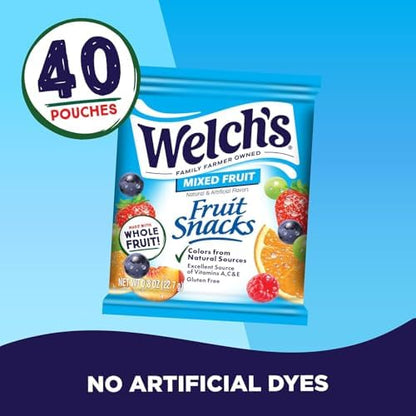 Welch's mixed fruit snacks box with colorful individual packs for kids, featuring fruit shapes and vibrant packaging.