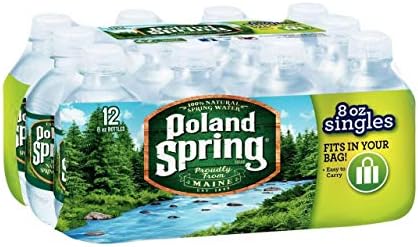 Poland Spring Half Pint Natural Spring Water 12-pack bottles stacked, showing clear plastic bottles and label with spring water branding.