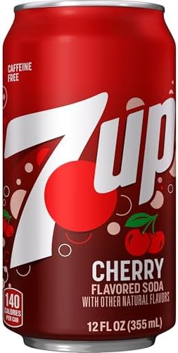 12-pack of Dr Pepper 7UP Cherry Flavored Soda cans, 12 fl oz each, featuring red cherry soda in aluminum cans.