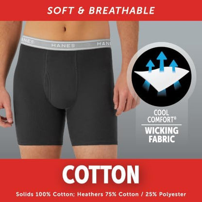 Hanes men's boxer briefs pack featuring cool, breathable cotton fabric with moisture-wicking technology and no ride-up design.