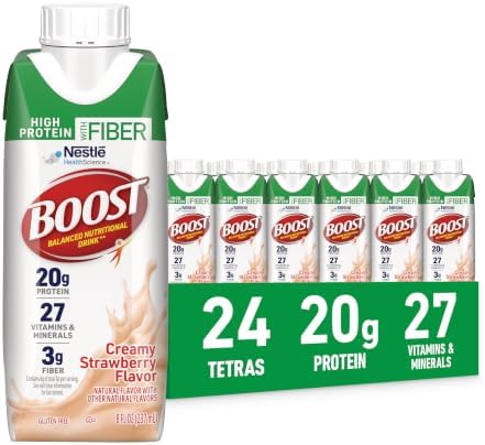 Boost High Protein with Fiber Strawberry Nutritional Shake, 24-pack, creamy drink in a bottle with fresh strawberry flavor.