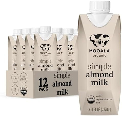 Mooala Organic almond milk single serve carton, unsweetened, dairy-free, 3-ingredient almond milk in a portable 12-pack.