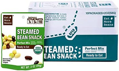 Organic Eat More Beans steamed bean snack mix in 10 colorful packs, featuring a variety of seasoned beans in resealable bags.