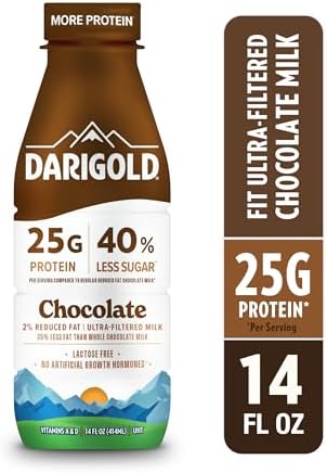 Darigold FIT high protein shelf-stable chocolate milk in 14oz bottles, 12-pack, with chocolate beverage and packaging visible.