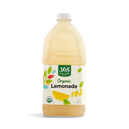 Organic lemonade in a 64 fl oz bottle from 365 by Whole Foods Market, refreshing citrus beverage with a vibrant label.