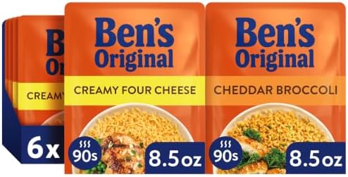 Ben's Original Ready Rice Four Cheese & Cheddar Broccoli microwave rice pack, 8.5oz, showing the cooked rice with cheese and broccoli.