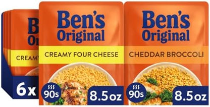 Ben's Original Ready Rice Four Cheese & Cheddar Broccoli microwave rice pack, 8.5oz, showing the cooked rice with cheese and broccoli.