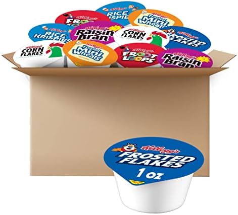 Kellogg's breakfast cereal cups variety pack, 96 individual 1.13oz servings with colorful cereal cups and Kellogg's branding.