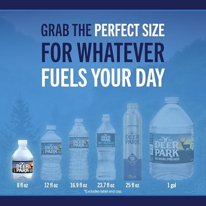 Deer Park Natural Spring Bottled Water mini 8 oz bottles in a 12-pack, clear plastic bottles with blue caps and Deer Park label.