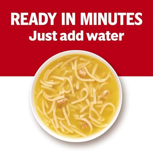 Four 10.75 oz cans of Campbell’s Condensed Chicken Noodle Soup, a packaged chicken soup with noodles and chicken pieces.