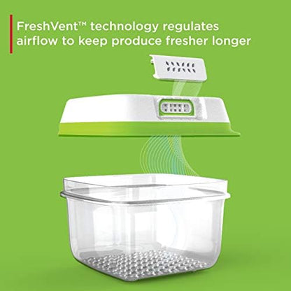 Rubbermaid FreshWorks large produce storage containers, 4-piece set, with clear plastic lids for fresh fruit and vegetable preservation.