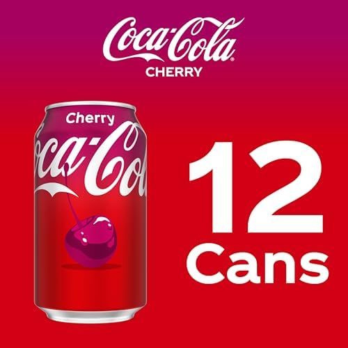 Coca-Cola Cherry soda cans, 12 fl oz each, in a 12-pack, featuring red design and cherry flavor branding.