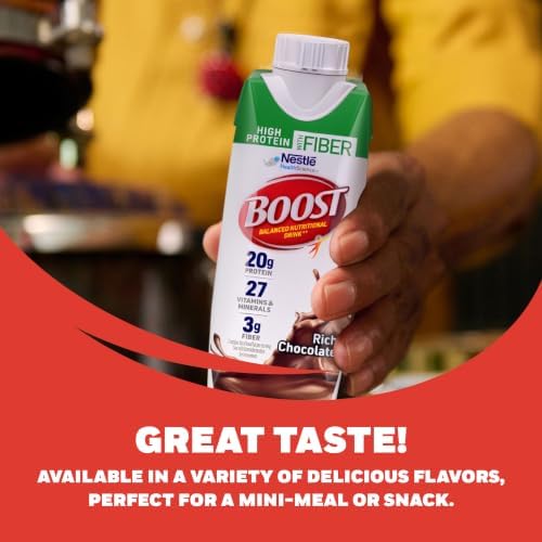 Boost High Protein with Fiber Chocolate Nutritional Shake, 24-pack, showing the chocolate-flavored bottled shakes with nutritional label.