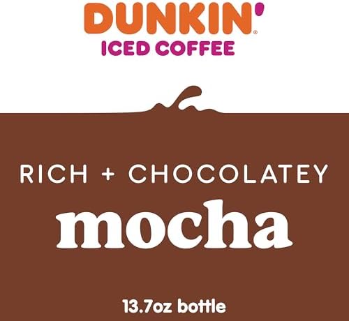 Dunkin' Mocha Iced Coffee in 13.7 fl oz bottles, pack of 12, featuring chocolate flavor and ready-to-drink convenience.