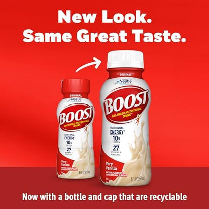 Boost Original Nutritional Shake in Very Vanilla flavor, ready-to-drink nutritional beverage, 24-pack, with creamy vanilla flavor.