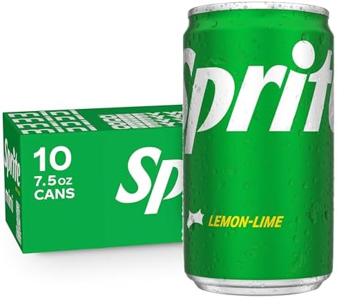 Ten mini cans of Sprite Lemon-Lime Soda, 7.5 fl oz each, shown in a 10-pack, featuring bright green and yellow branding.